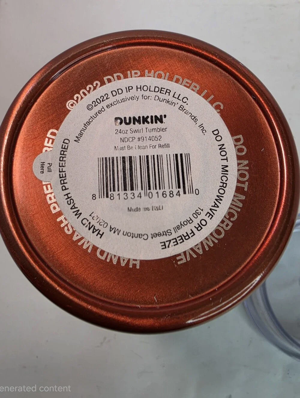 Dunkin' Donuts Fall 2022 Collection 24 oz Bronze Insulated Swirl Tumbler.